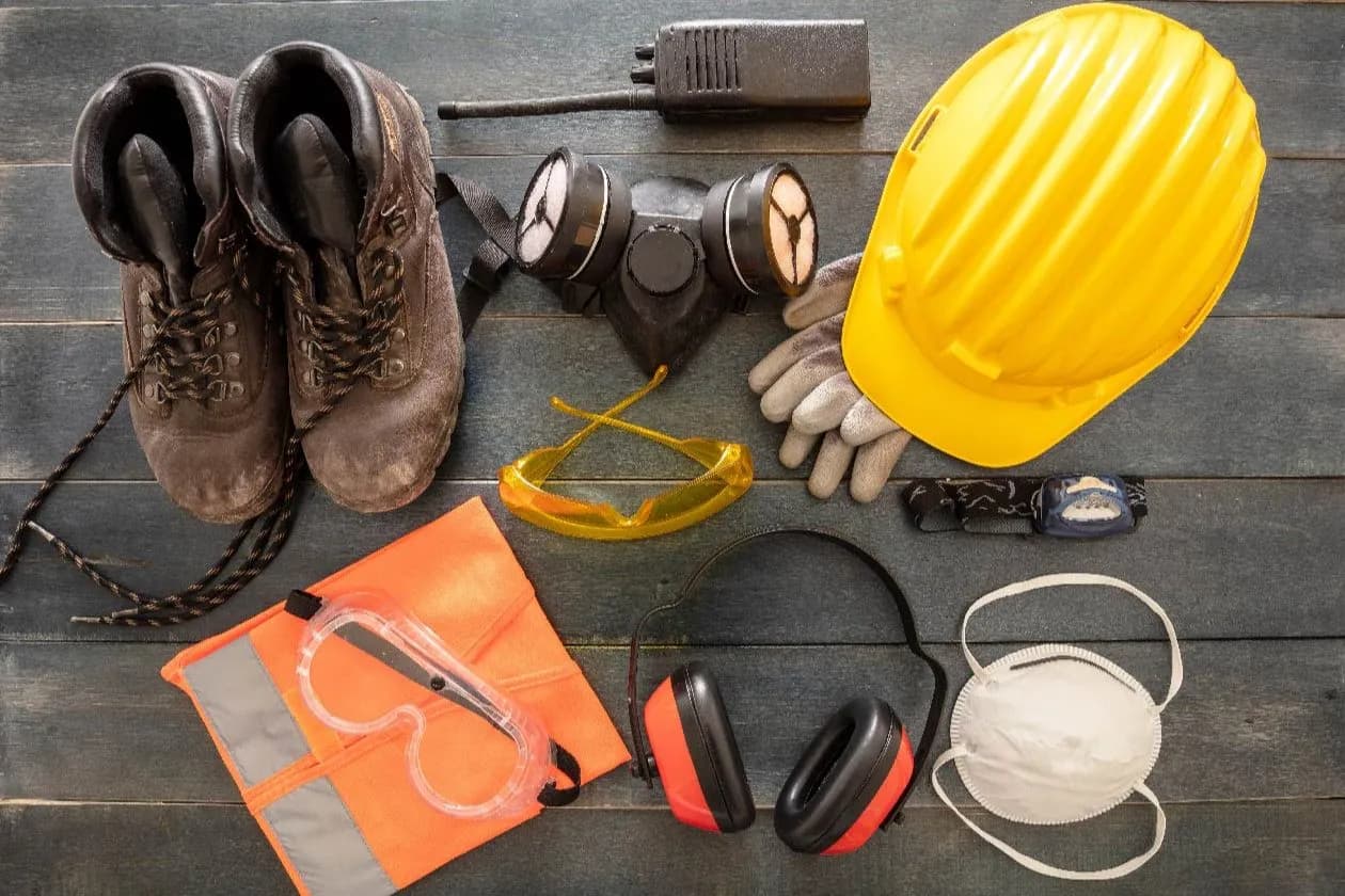 Equipo de seguridad industrial en una mesa de trabajo